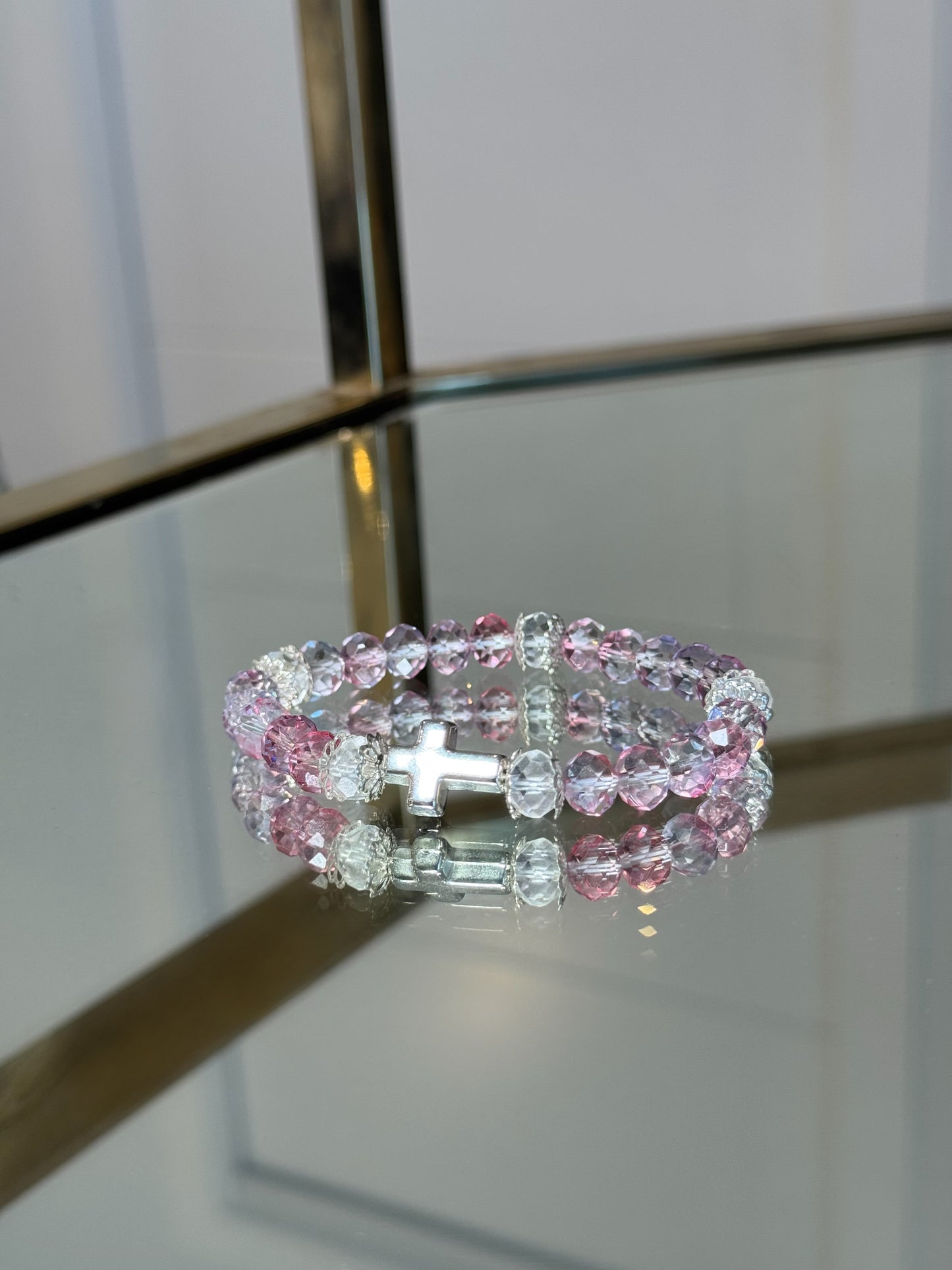 Pink and Silver Cross Charm Bracelet