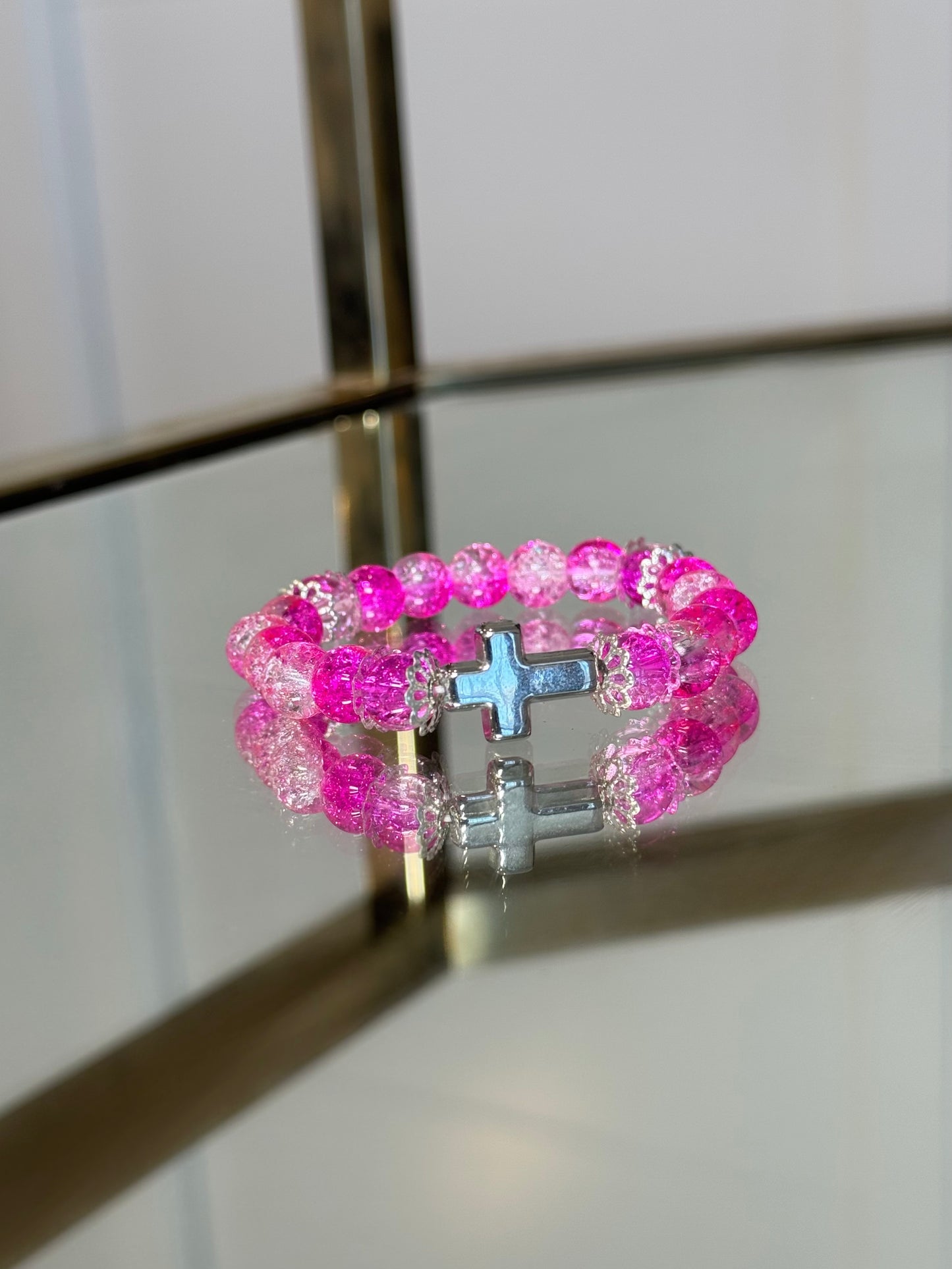 Silver Cross Charm Bracelet in Fuschia