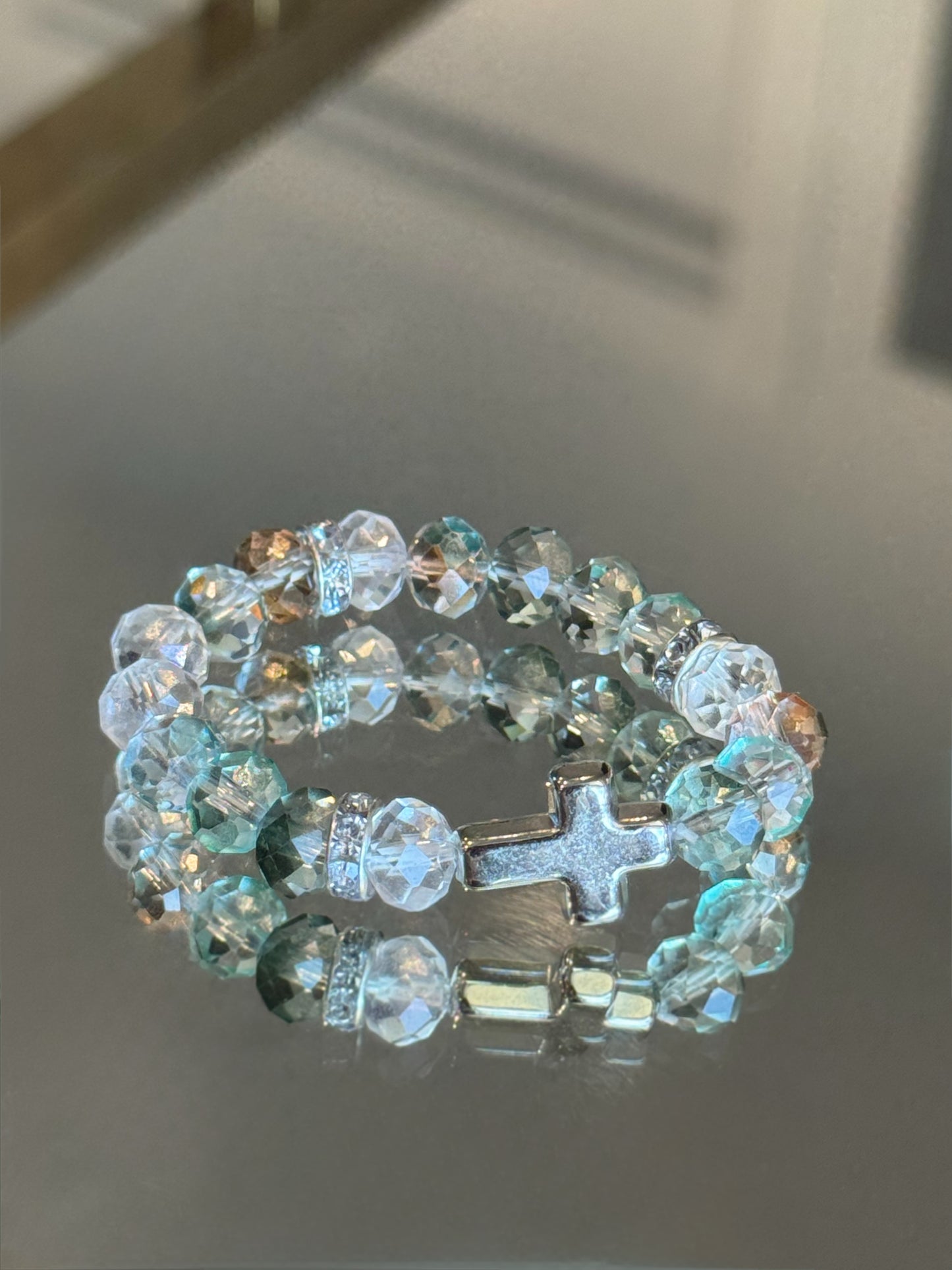 Kids Silver Cross Charm Bracelet in Soft Jade