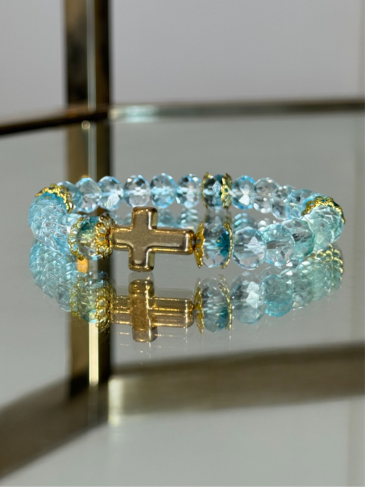 Baby Blue Gold Cross Charm Bracelet