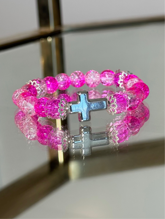 Silver Cross Charm Bracelet in Fuschia