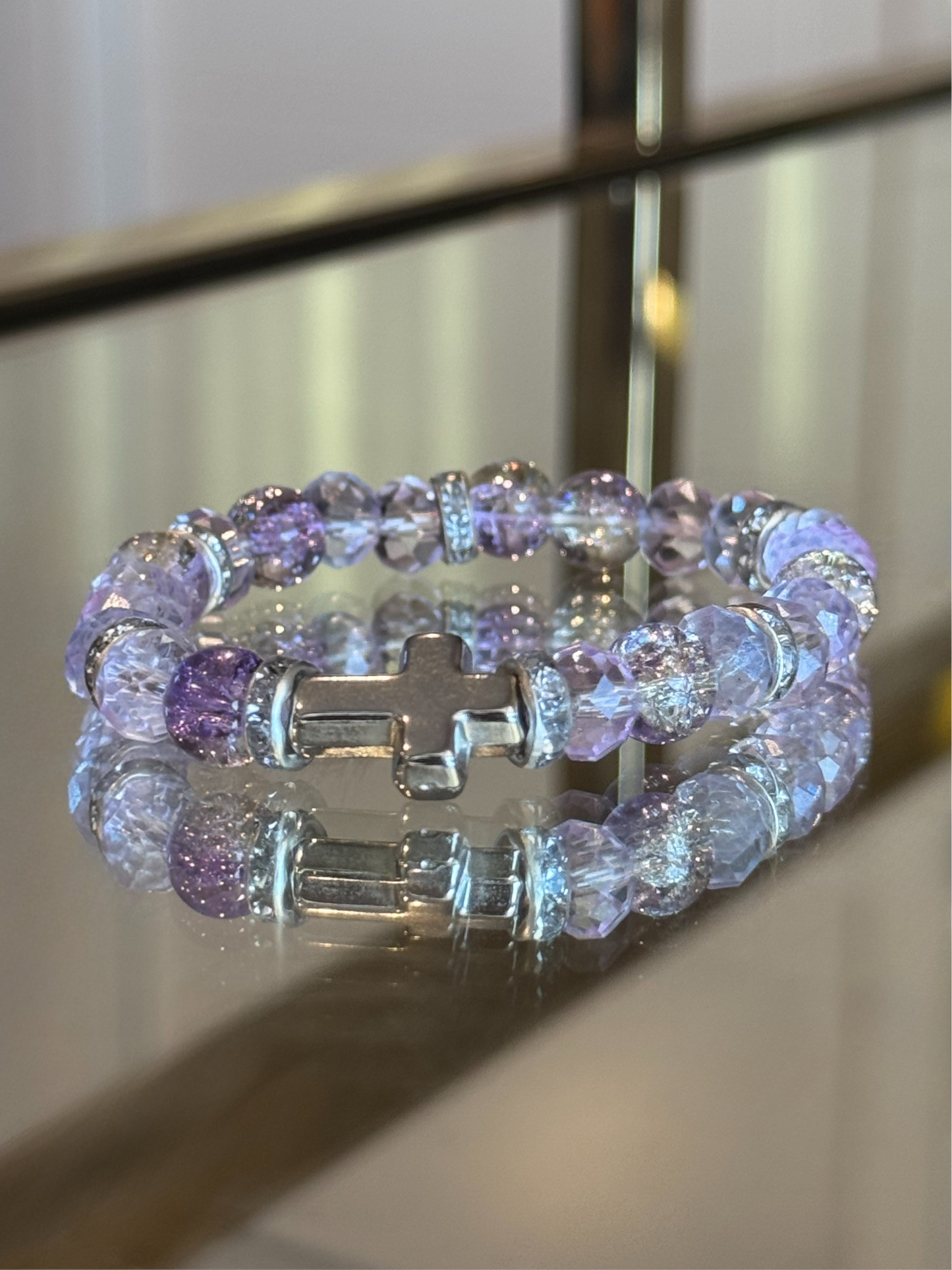 Lilac Cross Charm Bracelet in Silver
