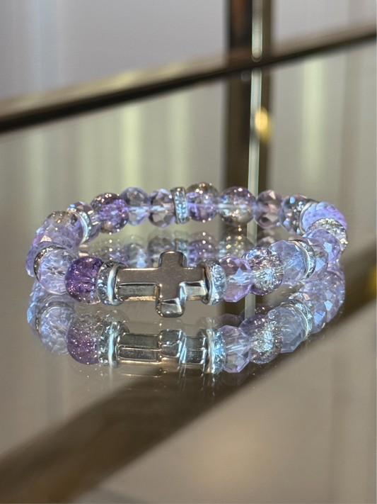 Lilac Cross Charm Bracelet in Silver