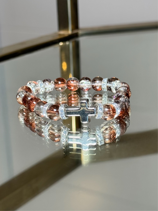 Silver and Brown Cross Charm Bracelet