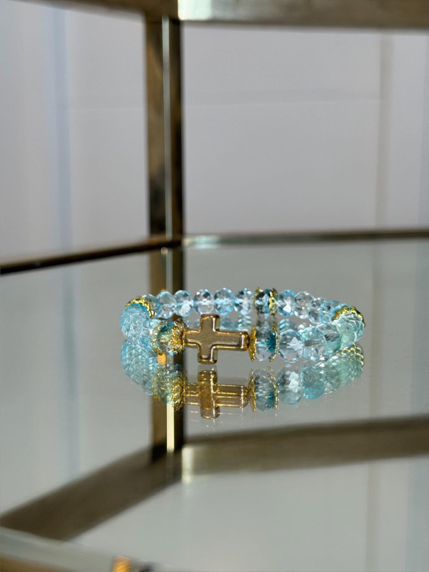 Baby Blue Gold Cross Charm Bracelet