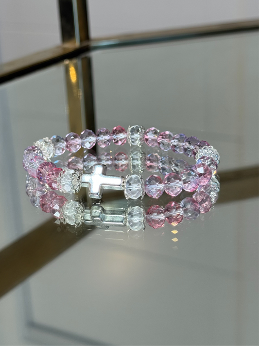 Pink and Silver Cross Charm Bracelet