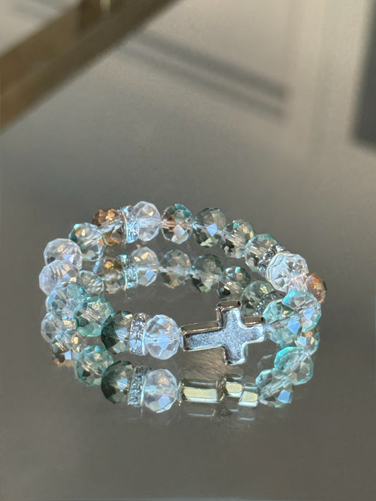 Kids Silver Cross Charm Bracelet in Soft Jade