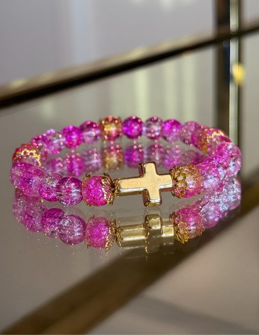 Magenta Gold Cross Charm Bracelet