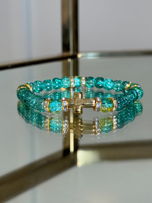 Gold Cross Charm Bracelet in Deep Aqua