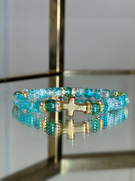 Gold Cross Charm Bracelet in Shades of Blue
